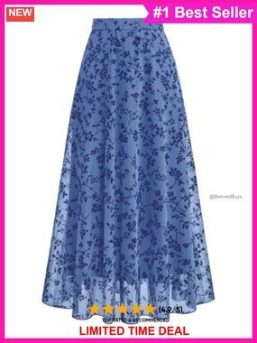 Floral Mesh Maxi Skirt High Waisted A-Line Long Tulle Skirt